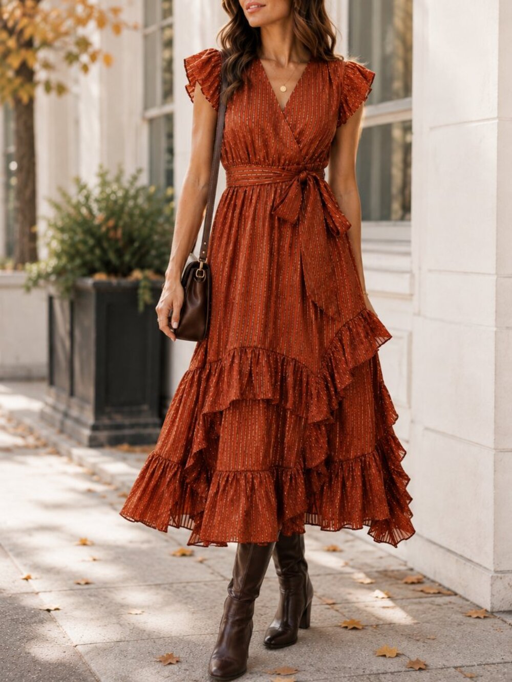 Marie Oliver Uma Dress Silk Rust Metallic Stripe Ruffle Midi Boho Ruffle Small